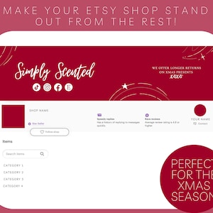 May include: A red Etsy shop banner with white text that reads "Simply Scented" and includes social media icons. The banner also includes white text that reads "WE OFFER LONGER RETURNS ON XMAS PRESENTS xoxo".