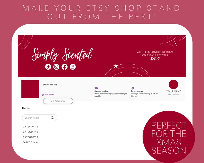 May include: A red Etsy shop banner with white text that reads "Simply Scented" and includes social media icons. The banner also includes white text that reads "WE OFFER LONGER RETURNS ON XMAS PRESENTS xoxo".