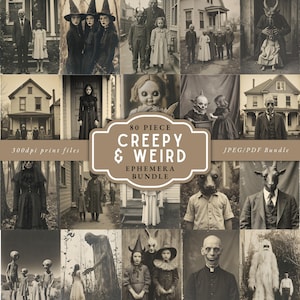 Puede incluir: Un collage en tonos sepia con fotografías vintage de temática espeluznante. La imagen central dice "80 Piece Creepy & Weird Ephemera Bundle". El texto incluye "300dpi print files" y "JPEG/PDF Bundle". Las imágenes muestran figuras disfrazadas y retratos inquietantes.