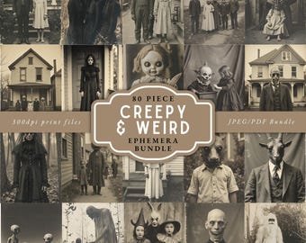 May include: A sepia-toned collage featuring vintage photographs of eerie figures and scenes. The central image reads "80 Piece Creepy & Weird Ephemera Bundle" with "300dpi print files" and "JPEG/PDF Bundle" text. The images include people in costumes and unsettling portraits.