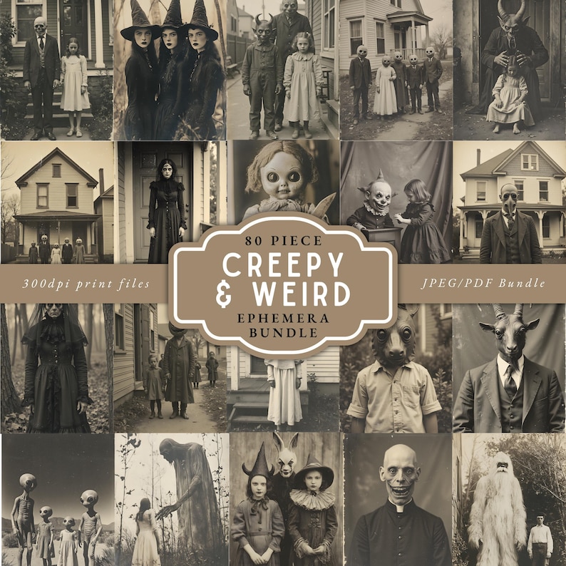 Puede incluir: Un collage en tonos sepia con fotograf&iacute;as vintage de tem&aacute;tica espeluznante. La imagen central dice "80 Piece Creepy & Weird Ephemera Bundle". El texto incluye "300dpi print files" y "JPEG/PDF Bundle". Las im&aacute;genes muestran figuras disfrazadas y retratos inquietantes.