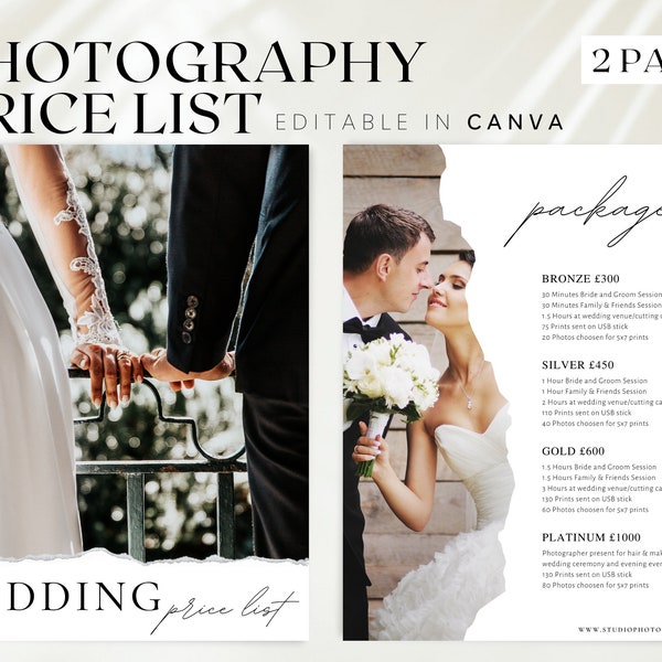 Editable Wedding Photoshoot price list, Wedding Photography Pricing guide, Wedding pricing list, Minimal Photography package guide, BB66