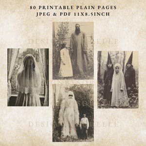 Puede incluir: Una descarga digital de estilo vintage con im&aacute;genes en tonos sepia de personas con ropa y disfraces antiguos. El texto en la parte superior dice "80 PRINTABLE PLAIN PAGES JPEG & PDF 11X8.5INCH". Las im&aacute;genes incluyen una persona con velo, un hombre y una ni&ntilde;a, y una persona con un disfraz de yeti.