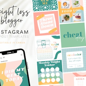 Pastel Weight loss Instagram Post, Weight loss blog, Food blogger Instagram Template, Pastel Weight Loss Journal, Weight Loss Tracker, BB38