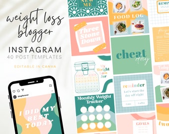 Pastel gewichtsverlies Instagram Post, gewichtsverlies blog, Food blogger Instagram-sjabloon, pastel gewichtsverlies Journal, Weight Loss Tracker, BB38