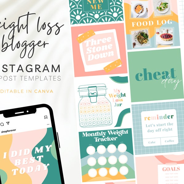 Pastel Weight loss Instagram Post, Weight loss blog, Food blogger Instagram Template, Pastel Weight Loss Journal, Weight Loss Tracker, BB38
