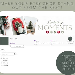 May include: Etsy shop banner template with a green background and a white rectangle with the text "Amazing Moments" in a pink font. The banner also includes social media icons for TikTok, Instagram, Facebook, Etsy, and Twitter. The banner is designed for use on Etsy shop carousels.