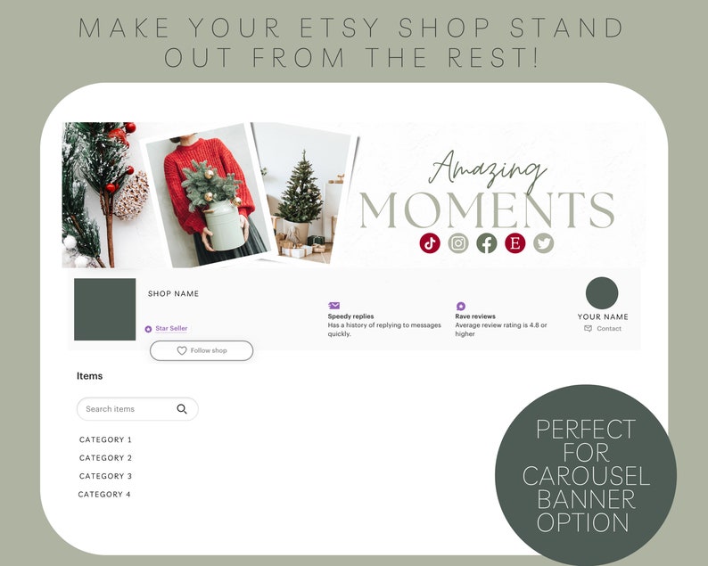 May include: Etsy shop banner template with a green background and a white rectangle with the text "Amazing Moments" in a pink font. The banner also includes social media icons for TikTok, Instagram, Facebook, Etsy, and Twitter. The banner is designed for use on Etsy shop carousels.