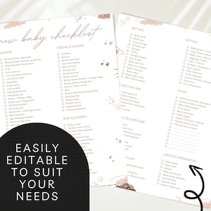 May include: A printable checklist for new parents, with categories for nursery, feeding & nursing, bathing, clothes, other, c-section care, delivery care, 4-month preparation, and baby equipment. The checklist is decorated with pink and brown stars and clouds.