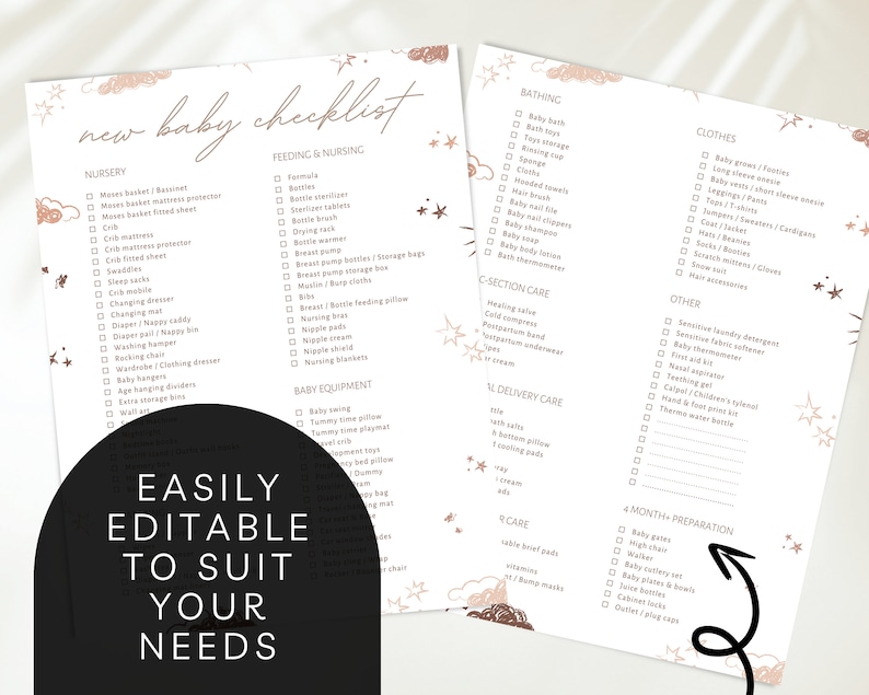May include: A printable checklist for new parents, with categories for nursery, feeding & nursing, bathing, clothes, other, c-section care, delivery care, 4-month preparation, and baby equipment. The checklist is decorated with pink and brown stars and clouds.