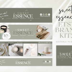 Op de afbeelding: Een Etsy-merkset voor een kaarsenbedrijf genaamd Sweet Essence. De set bevat een logo, social media-graphics en productfoto's. De set is bewerkbaar in Canva.