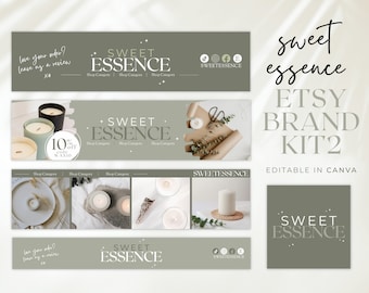 Puede incluir: Un kit de marca de Etsy para un negocio de velas llamado Sweet Essence. El kit incluye un logotipo, gráficos para redes sociales y fotos de productos. El kit es editable en Canva.