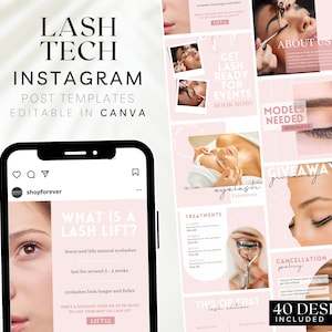 May include: A collection of 40 Instagram post templates for lash technicians, featuring pink and white backgrounds with images of eyelashes, eyes, and lash lift treatments. The text "Lash Tech Instagram Post Templates Editable in Canva" is at the top of the image. The text "40 Designs Included" is at the bottom of the image.
