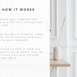 May include: White background with text that reads "HOW IT WORKS". The text describes how to purchase a template, receive instructions, and edit it using Canva. A white vase with dried plants sits on a wooden table.