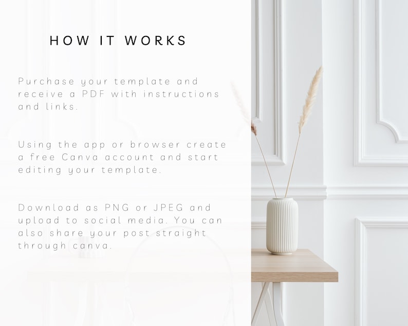 May include: White background with text that reads "HOW IT WORKS". The text describes how to purchase a template, receive instructions, and edit it using Canva. A white vase with dried plants sits on a wooden table.