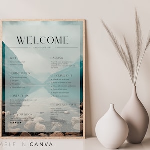 Tabliczka powitalna Airbnb, Szablon powitalny wynajmu wakacyjnego, Zasady domu Airbnb, Wydrukowalny znak Wi-Fi, Edytowalny znak z instrukcją wymeldowania, BB49