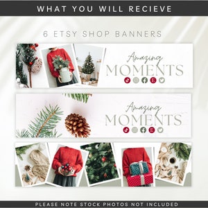 May include: Six Etsy shop banners featuring a winter theme with images of pine branches, Christmas trees, and red jumpers. The banners include the text "Amazing Moments" and social media icons for TikTok, Instagram, Facebook, Etsy, and Twitter.