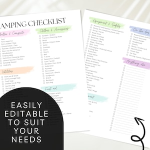 May include: A printable camping checklist with sections for shelter and campsite, clothes and accessories, first aid, equipment and safety, on the day, and anything else. The checklist is divided into sections with colorful pastel backgrounds.