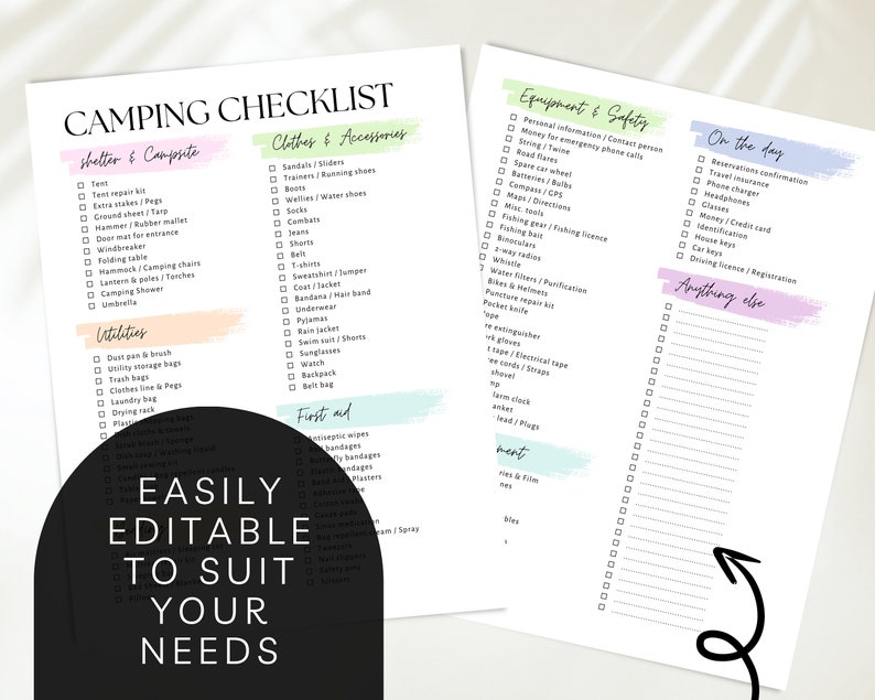 May include: A printable camping checklist with sections for shelter and campsite, clothes and accessories, first aid, equipment and safety, on the day, and anything else. The checklist is divided into sections with colorful pastel backgrounds.