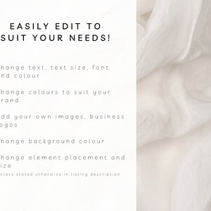 May include: A white background with the text "EASILY EDIT TO SUIT YOUR NEEDS!" and bullet points detailing customization options. The text includes options to change text, colors, images, background, and element size.