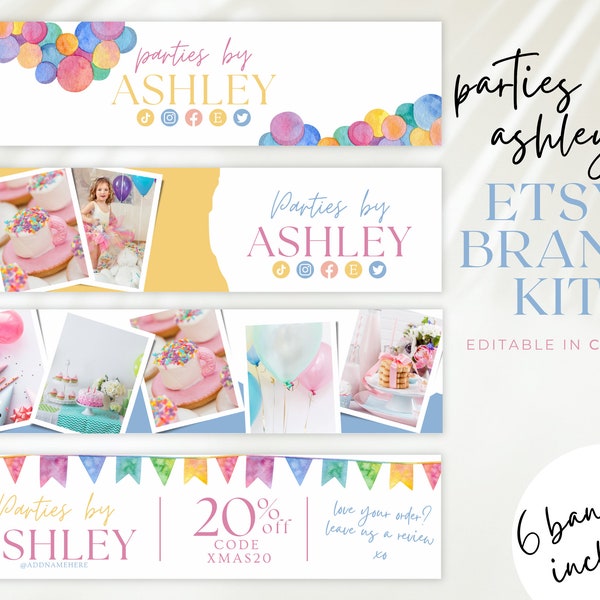 Pastell Etsy Shop Branding Starter Pack Kit, Etsy Branding Kit, Ballon und Parties Bearbeitbare Etsy Banner Vorlage, Etsy Karussell Set, BB31