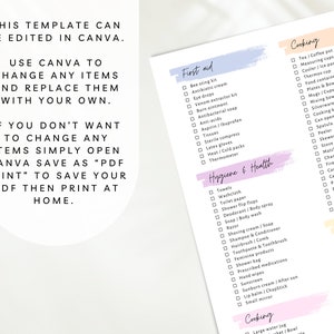 May include: A checklist with a pink, blue, and yellow background. The checklist is divided into three sections: First Aid, Hygiene & Health, and Cooking. Each section has a list of items to pack for a camping trip.