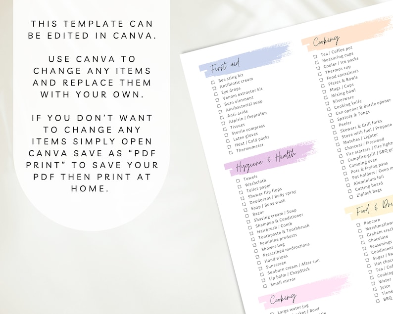 May include: A checklist with a pink, blue, and yellow background. The checklist is divided into three sections: First Aid, Hygiene & Health, and Cooking. Each section has a list of items to pack for a camping trip.