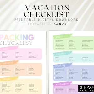 Printable Beach Vacation Checklist, Editable Travel Checklist, Vacation packing list, Holiday checklist, Travel Packing List, To do List,003