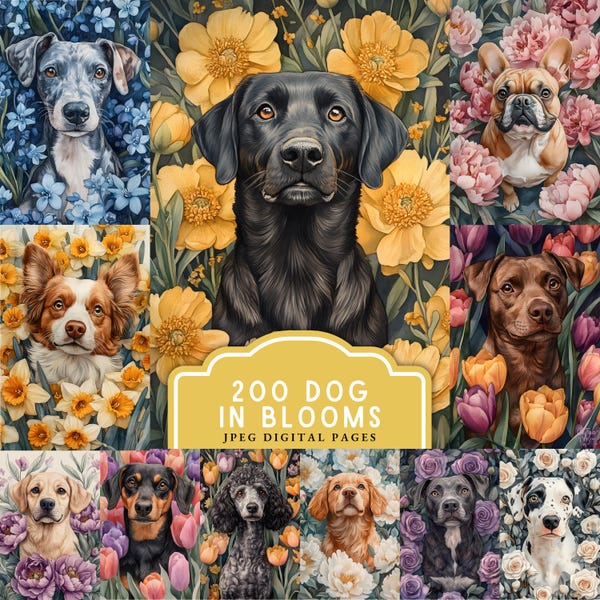 Bundel met clipart van 200 honden in bloemen, muurdecoratie met hondenrassen in bloei, digitale pagina's voor een junk journal in aquarel, printbare puppy's, scrapbook met dieren