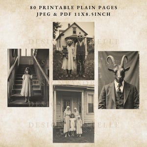 Puede incluir: Una descarga digital en tonos sepia con im&aacute;genes vintage con tem&aacute;tica de Halloween. Las im&aacute;genes incluyen ni&ntilde;os disfrazados, una persona con cabeza de cabra y una ni&ntilde;a en una escalera. El texto en la parte superior dice "80 P&Aacute;GINAS IMPRIMIBLES EN BLANCO JPEG Y PDF 27,94 x 21,59 CM."