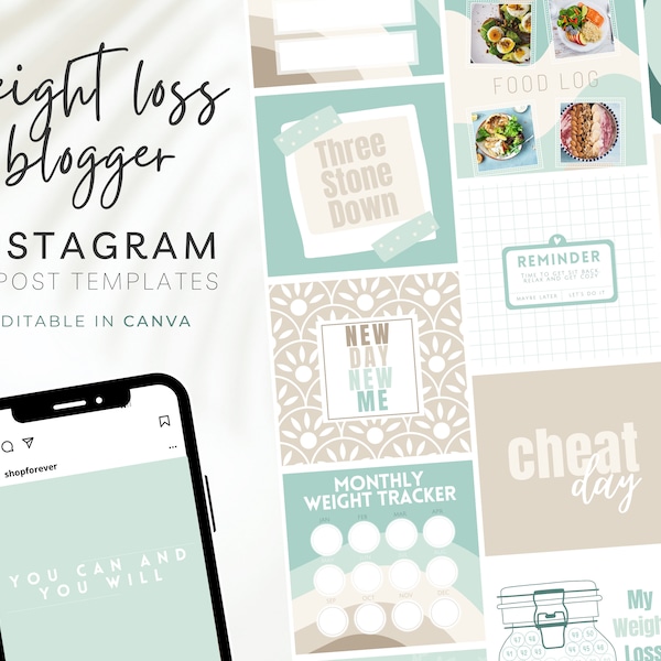 Neutral Weight loss Instagram Post, Weight loss blog, Food blogger Instagram Template, Blue Weight Loss Journal, Weight Loss Tracker BB42