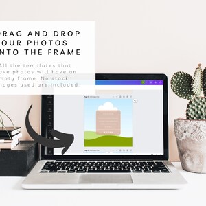 May include: A laptop computer screen displaying a design template with a brown rectangle and a blue cloud. The text "REVIEW" is visible on the template. The laptop is on a desk with a cactus plant in a pot.
