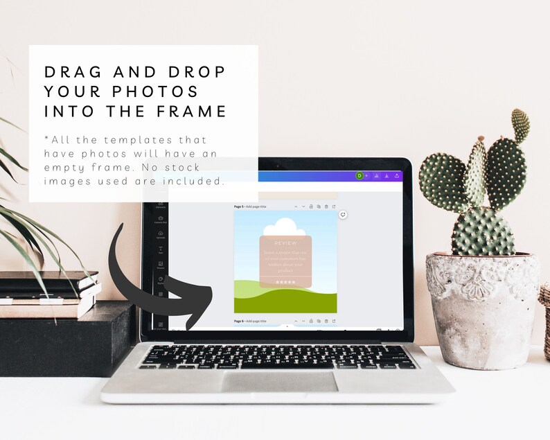 May include: A laptop computer screen displaying a design template with a brown rectangle and a blue cloud. The text "REVIEW" is visible on the template. The laptop is on a desk with a cactus plant in a pot.