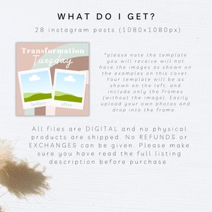 May include: Digital Instagram post templates with the text "Transformation Tuesday." The design includes two photo frames labeled "before" and "after," set against a backdrop of pastel colors. The image also includes the text "WHAT DO I GET?" and "28 instagram posts (1080x1080px)."