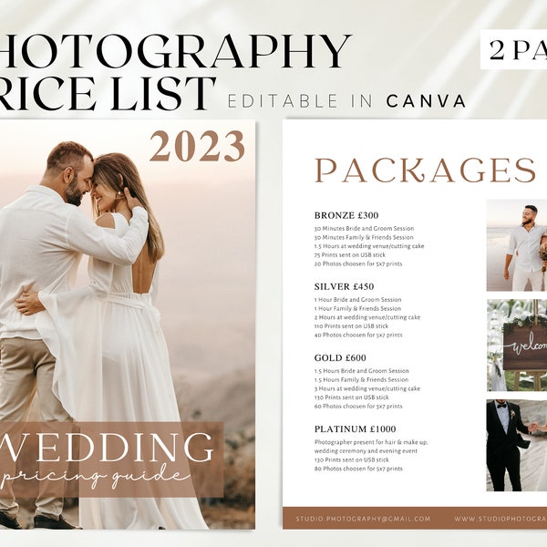 Editable Wedding Photoshoot price list, Wedding Photography Pricing guide, Wedding pricing list, Minimal Photography package guide, BB68