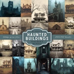May include: A collection of vintage-style images featuring various haunted buildings, including houses, churches, and castles. The images are in sepia tones and include the text "82 Piece Haunted Buildings Ephemera Bundle".