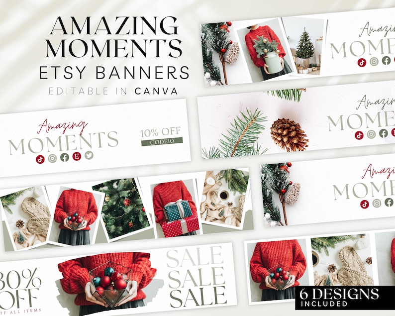 May include: Six Etsy banner designs featuring a winter theme with a red jumper, pine cones, and a Christmas tree. The banners include text such as "Amazing Moments", "10% Off Code", "30% Off All Items", and "Sale Sale Sale".