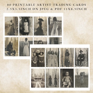 Puede incluir: Un conjunto de 80 tarjetas de intercambio de artistas imprimibles, cada una de 6,35 x 8,89 cm, con fotograf&iacute;as antiguas en blanco y negro de figuras y escenas espeluznantes. Las tarjetas est&aacute;n disponibles en formatos JPEG y PDF en una hoja de 27,94 x 21,59 cm.