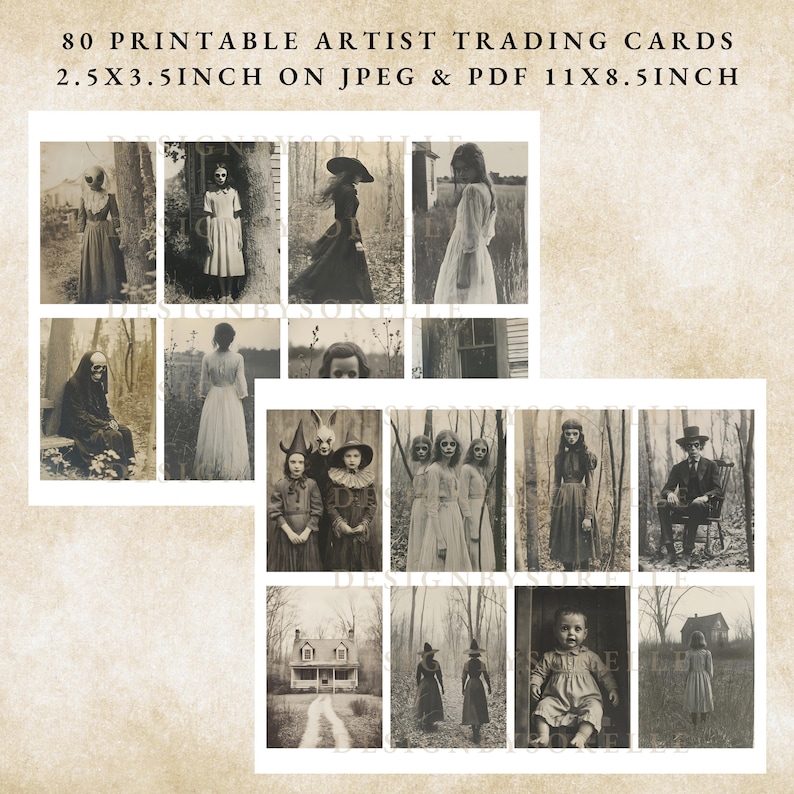 Puede incluir: Un conjunto de 80 tarjetas de intercambio de artistas imprimibles, cada una de 6,35 x 8,89 cm, con fotograf&iacute;as antiguas en blanco y negro de figuras y escenas espeluznantes. Las tarjetas est&aacute;n disponibles en formatos JPEG y PDF en una hoja de 27,94 x 21,59 cm.