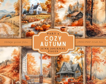 May include: A collage of watercolor illustrations with an autumn theme. Scenes include houses, pumpkins, trees, and a truck. The text on the image reads "Cozy Autumn Junk Journal Pages". The images are 11x8.5 inches.