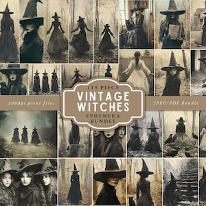 May include: A collection of sepia-toned images depicting vintage witches. The images show women in long black dresses and pointed hats, some with black cats. Text on the image reads "119 Piece Vintage Witches Ephemera Bundle."