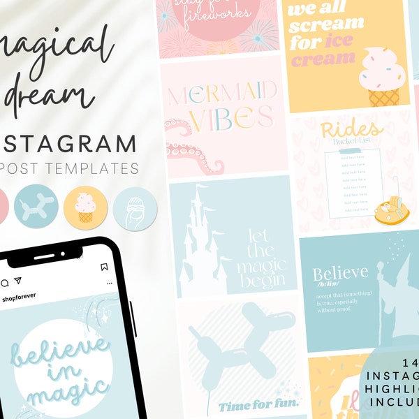 Instagram postsjabloon, themapark geïnspireerde blogger, pastel kasteel Instagram sjabloon, zakelijke branding, helder pastel Instagram icoon BB19
