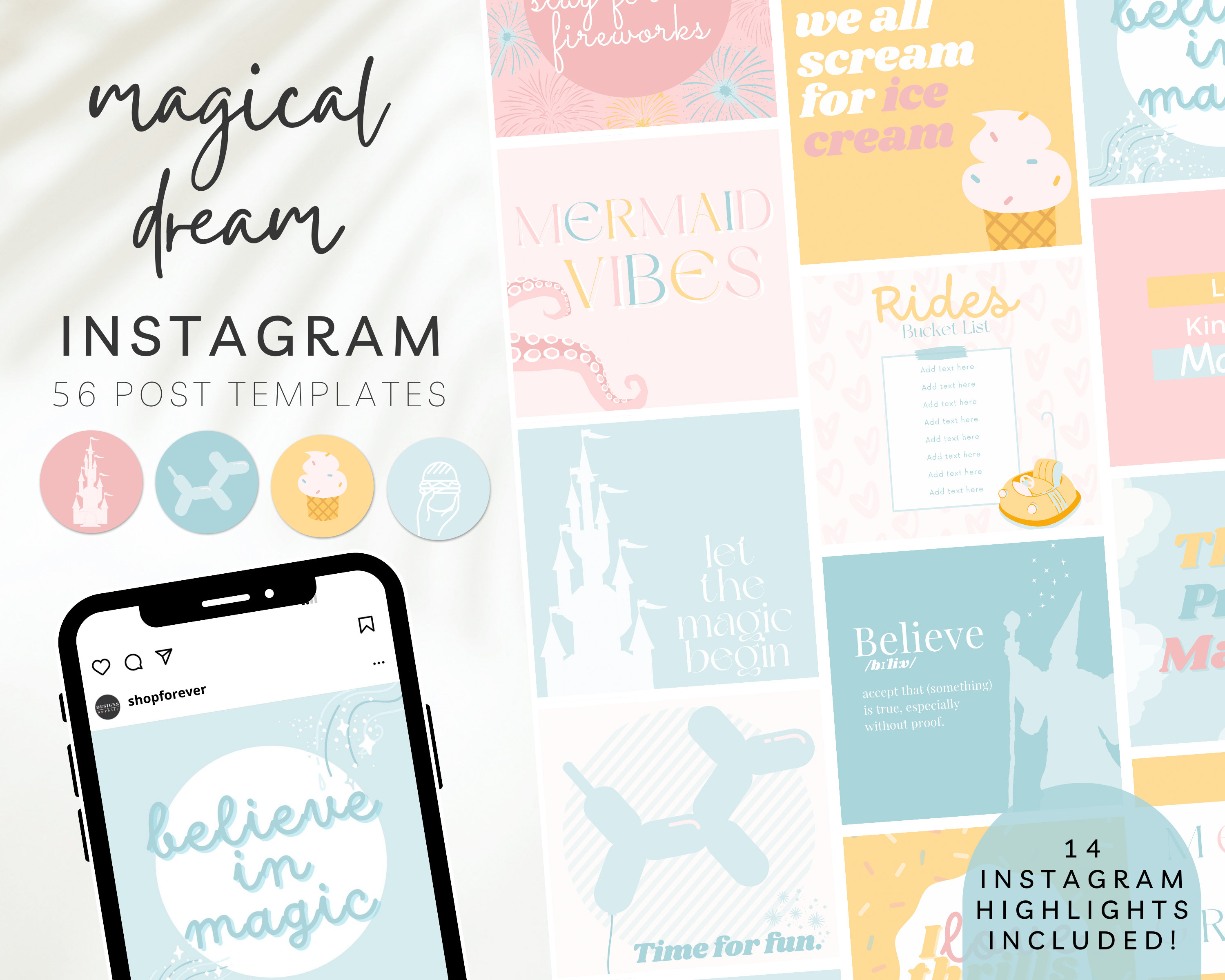 Instagram Post Template, Theme Park Inspired Blogger, Pastel Castle ...