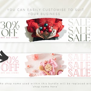 May include: Two social media banner templates for a sale. The top banner features a red sweater with a glass ornament filled with red and gold baubles. The text on the banner reads "30% OFF OFF ALL ITEMS SALE SALE SALE". The bottom banner features a pink and white background with a wooden brush and a pink cloth. The text on the banner reads "30% OFF OFF ALL ITEMS SALE SALE SALE".