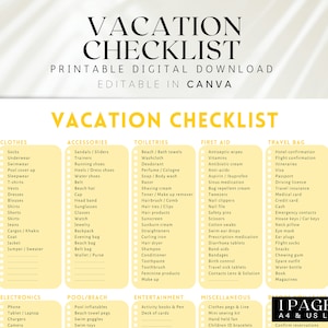Printable Beach Vacation Checklist, Editable Travel Checklist, Vacation packing list, Holiday checklist, Travel Packing List, To do List,004