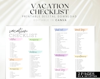 Printable Beach Vacation Checklist, Editable Travel Checklist, Vacation packing list, Holiday checklist, Travel Packing List, To do List,001