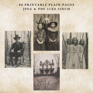 Puede incluir: Descarga digital de estilo vintage con im&aacute;genes en tonos sepia. Incluye un hombre con sombrero de copa, ni&ntilde;os disfrazados, una casa embrujada y figuras en el bosque. El texto dice "80 p&aacute;ginas imprimibles en blanco JPEG y PDF 11x8.5 pulgadas."
