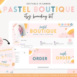 Kit de marque de la boutique Etsy, pack de marque pastel Etsy, carte de remerciement, conception de fiche produit Etsy, logo Etsy, maquette de bannière Canva Etsy, BB76