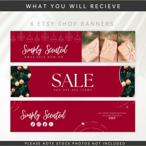 May include: Six red and white Etsy shop banners with a Christmas theme. The banners feature a Christmas tree, ornaments, presents, and the text "Simply Scented", "Xmas Sale Now On", "Sale 30% Off All Items", and "We Offer Longer Returns On Xmas Presents xoxo".