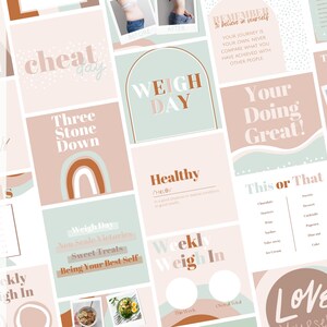 May include: A collection of 28 Instagram posts with a pastel color scheme. The posts include text such as "Cheat Day", "Weigh Day", "Healthy", and "Love Yourself". The posts also feature images and graphics related to health and wellness.